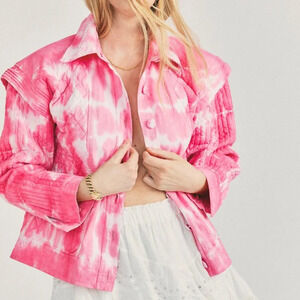 LoveShackFancy Adelade Pink Tie Dye Bohemian Preppy Button Down Denim Jacket M